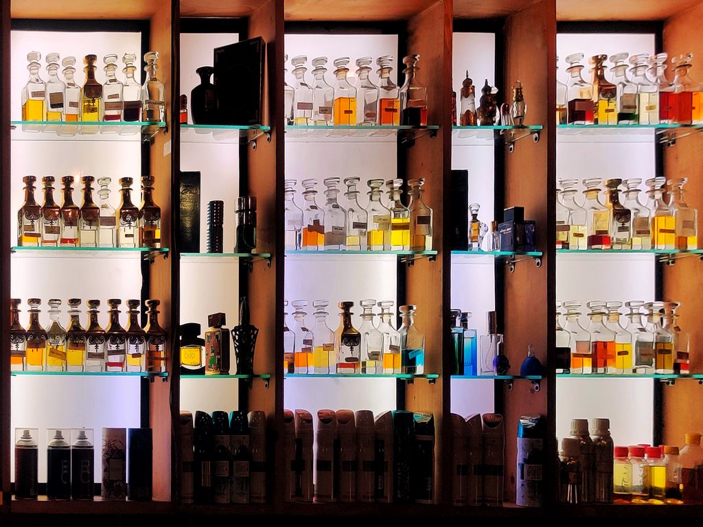法國格拉斯 Grasse 香水小鎮 |交通、景點攻略 8 A stylish arrangement of various perfume bottles on shelves, with glass and wood elements, perfect for fragrance enthusiasts.