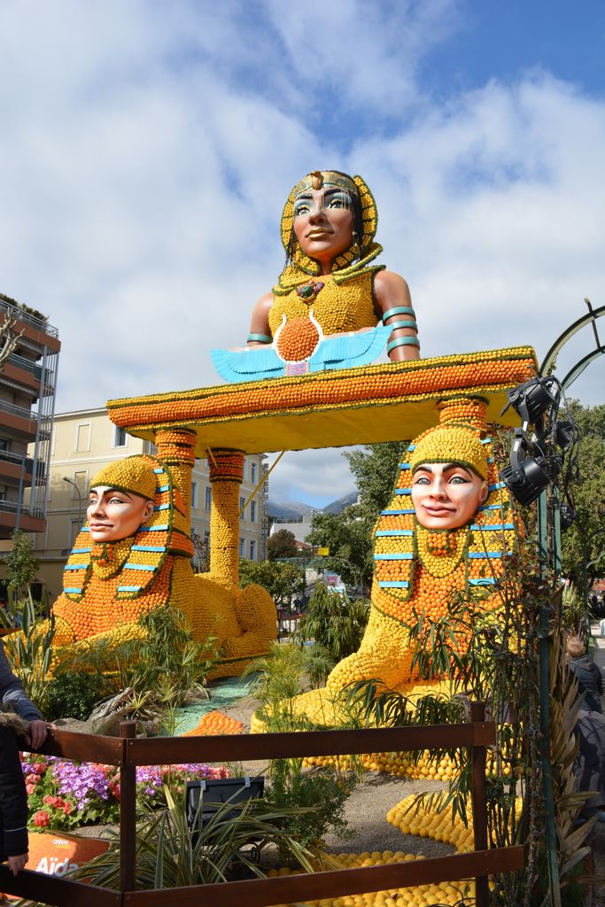 Vibrant citrus sculptures showcasing Egyptian theme at Menton, France's Lemon Festival.